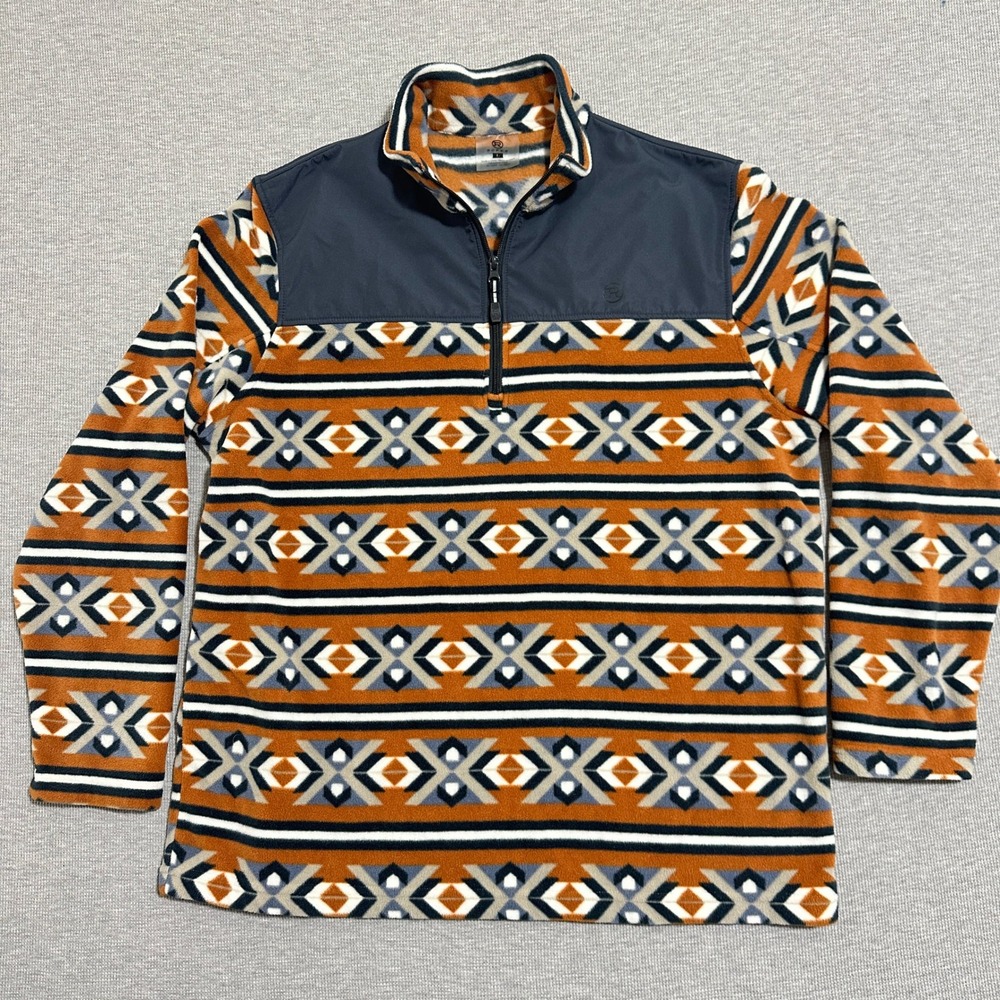 Roper Mens Large Fleece 1/4 Zip Pullover Southwestern Aztec‎ Orange Navy Blue